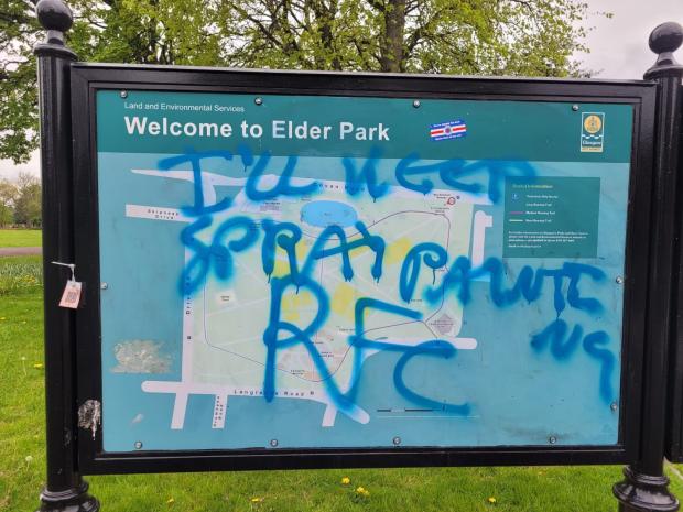 Glasgow Times: "I'll keep spraypainting" was scribbled on the Elder Park's noticeboard.