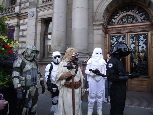 Glasgow Times: Star Wars characters waiting outside Glasgow City Chambers to take part in a Glasgow Parade