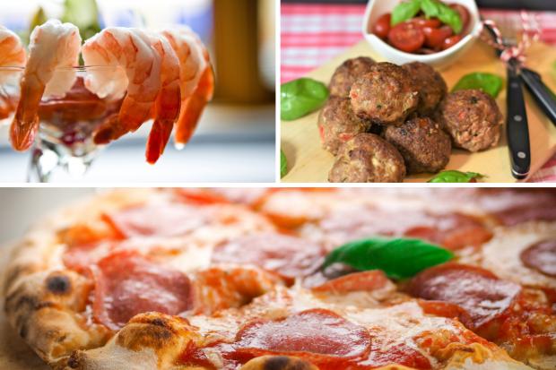 Glasgow Times: (Top left clockwise) Prawn cocktail, Meatballs, Pizza. Credit: PA/Canva