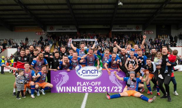 Glasgow Times: Queen's Park's players and staff celebrate the play-off triumph 