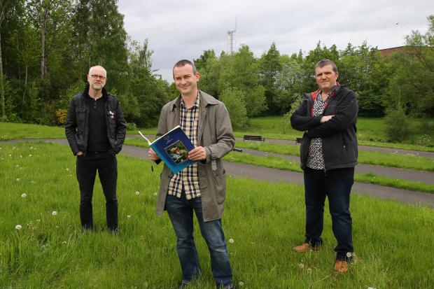 Members of After The Garden Festival... project pictured in Festival Park. Pictured from left are- Lex Lamb, Gordon Barr and Dr Kenny Brophy (head of the archaeology dept. at the University of Glasgow)...Photograph by Colin Mearns.17 May 2022.