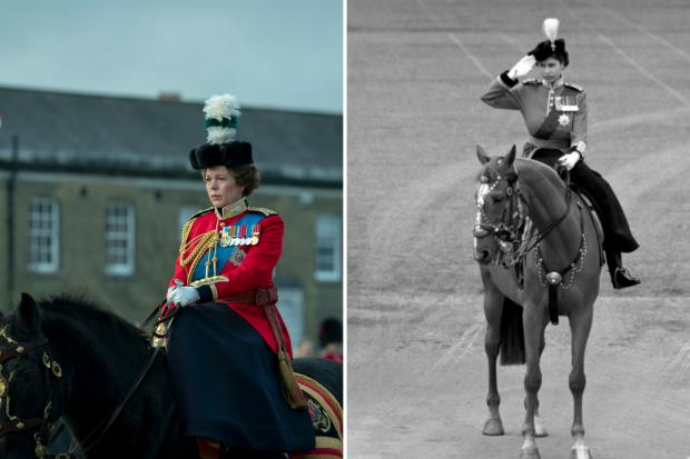 Glasgow Times: Queen Elizabeth II (OLIVIA COLMAN) and Queen Elizabeth II at Trooping the colours. (Des Willie/PA)
