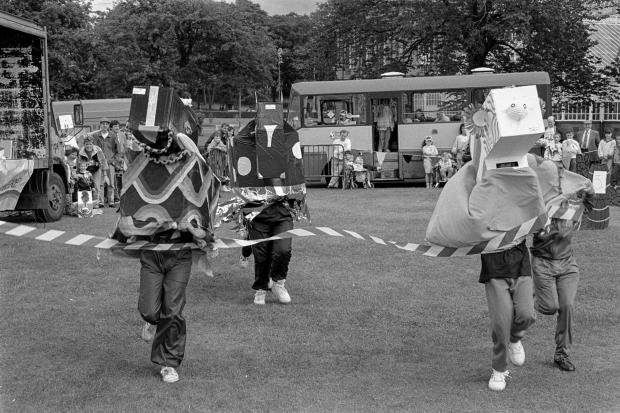 Glasgow Times: Fair Fortnight festivities on Glasgow Green, in Glasgow, Scotland, June 1991. With fancy dress races and amusements. Pic: Jeremy Sutton Hibbert