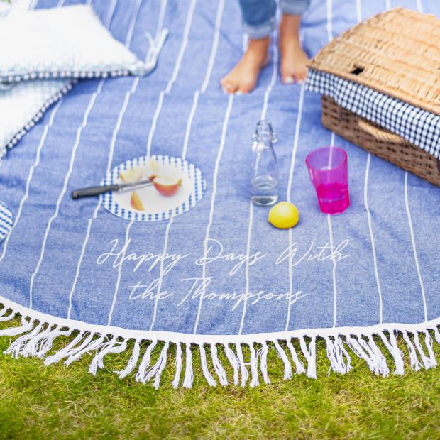Glasgow Times: Personalised Round Blue Picnic Or Beach Blanket. Credit: Not On The High Street
