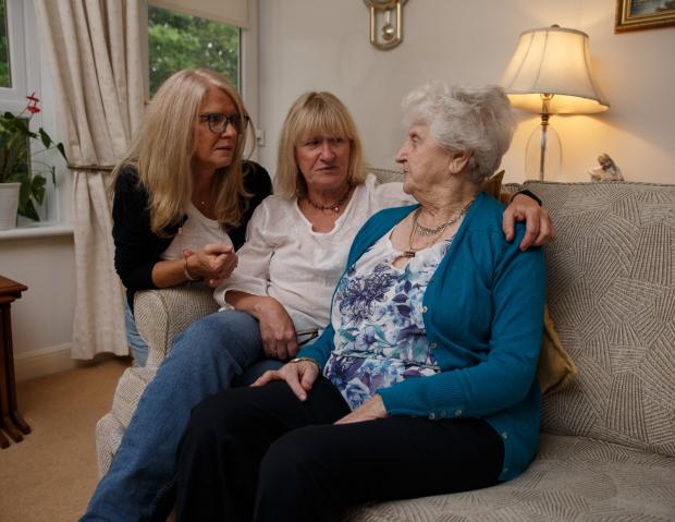 Glasgow Times:  Helen Nicoll age 90 pictured with her daughters, from left- Helen Saunders and Rona Nicoll.