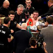 Josh Taylor (right) celebrates winning the super-lightweight unification at the O2 Arena, London. PA Photo. Picture date: Saturday October 26, 2019. See PA story BOXING London. Photo credit should read: Paul Harding/PA Wire