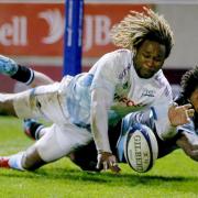 SALFORD, ENGLAND - JANUARY 18:  Marland Yarde (L) of Sale Sharks in action with Niko Matawalu of Glasgow Warriors during the Heineken Champions Cup Round 6 match between Sale Sharks and Glasgow Warriors at AJ Bell Stadium on January 18, 2020 in Salford,