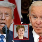 Nicola Sturgeon, inset, believes the race between Joe Biden, right, and Donald Trump will be crucial to America