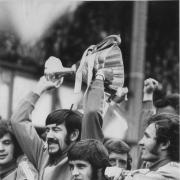 Rangers Captain John Greig lifts the European Cup Winners Cup on a celebration tour of Ibrox, May 26, 1972