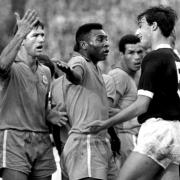 Ronnie has a word with Pele. Scotland v Brazil, 1966. Pic: Herald and Times