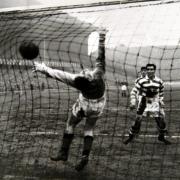 Rangers v Celtic Cup Replay February 1957. George Niven makes an attempt to stop Neil Mochan's rocket drive