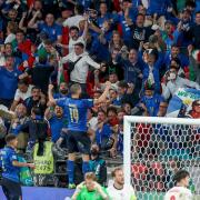 Leonardo Bonucci celebrates after hauling Italy level at Wembley.