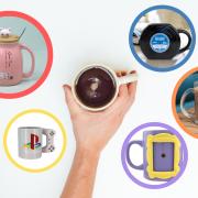 (Background image) A person holding a mug of coffee. (Canva) (Circles) Quirky mugs from IWOOT, Not On The High Street, The Range, VeryNeko and Menkind.
