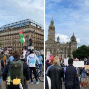 Protesters gather in George Square, Glasgow on Tuesday hours before the first deportation flight takes off