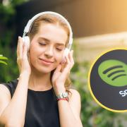 A woman listening to music on her headphones and the Spotify logo. Credit: Canva/ PA