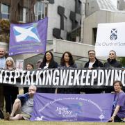 EDINBURGH, SCOTLAND - JULY 28: The group Faces And Voices of Recovery hold a protest outside the Scottish Parliament as Scotlandâ€™s drugs death figures are published on July 28, 2022 in Edinburgh, Scotland. The number of people who died of drug