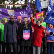 Dr Patrick Roach general secretary of National Association of Schoolmasters Union of Women Teachers (NASUWT), NASUWT Official for Scotland Mike Corbett, and Scottish Trades Union Congress (STUC) general secretary Roz Foyer, with teachers on the picket.
