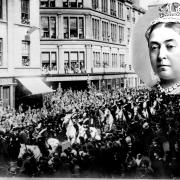 Crowds in 1887 celebrate the jubilee of Queen Victoria (inset)