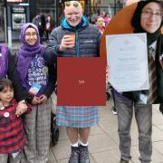 Mariya, inset with her Coronation Certificate, at Glasgow Kiltwalk