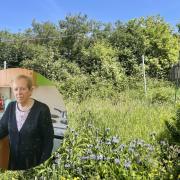 Marion with her overgrown garden