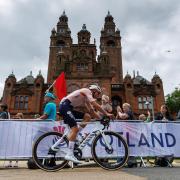 Mathieu Van der Poel passes Kelvingrove Art Gallery and Museum during the elite men’s road race during the UCI Cycling World Championships