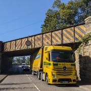 Lorry stuck under railway bridge in Milngavie