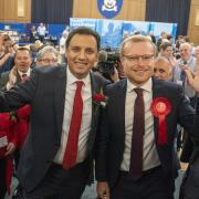 Scottish Labour leader Anas Sarwar celebrates with Michael Shanks after the party won the Rutherglen and Hamilton West byelection.