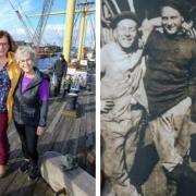 Sue and Pat Grant (left and right) met up with Stephanie Champion for the first time on Glasgow's Tall Ship Glenlee. Their relatives were apprentices on the vessel during the First World War. Picture: Gordon Terris