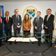 Leaders formally sign an agreement confirming University status. As part of the agreement, GCU also renewed its strategic partnership with NHS Lanarkshire and signed Memorandums of Understanding with both Councils.