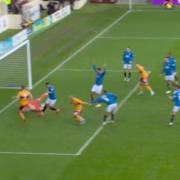 Cyriel Dessers appears to pull back Motherwell's Mika Biereth
