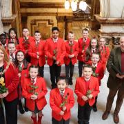 Jim Carruth, Jacqueline McLAren Lord Provost with Sacred Heart pupils
