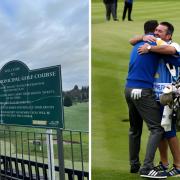 Europe's Martin Kaymer celebrates winning his singles match with caddy Craig Connelly [right] on day three of the 40th Ryder Cup at Gleneagles Golf Course