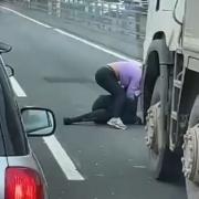 Pair pictured fighting on Glasgow's M8 - as traffic sat at standstill
