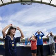 University of Glasgow and Scottish Football Museum team up to bring virtual reality  to Hampden for World Cup 
Pictured
Demi Boyd curator of Hampden Museum  with Calumn Livingston , Hampden Visitor Services Officer with Craighead Primary School pupils