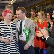Green Party Councillors Kim Lung and Allan Young celebrate winning their seats with Scottish Green Party Co-Convenor Patrick Harvie, after ballot papers were counted in the local elections at the Emirates Stadium in Glasgow. PRESS ASSOCIATION Photo.
