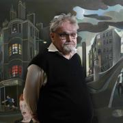 Artist Alasdair Gray pictured in front of his painting 'Cowcaddens' which forms part of the joint exhibition with himself and his late friend, Alasdair Taylor 'The Two Alisdairs'  at the Glasgow School of Art..