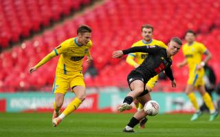 Harrogate Town's Josh McPake (right) during the Buildbase FA Trophy 2019/20 Final at Wembley