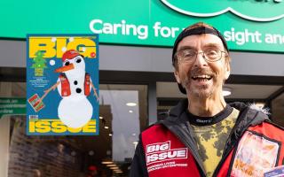 Big Issue vendor George Anderson in London, and inset, young Fergus's winning front cover design
