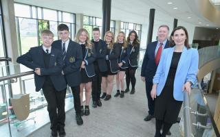 Pupils at Clyde Valley High with headteacher Sandra Gilfilan and North Lanarkshire Council education convener Michael McBride