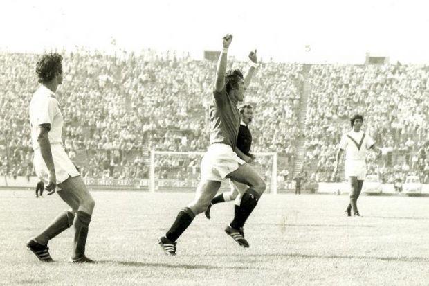 Sandy Jardine turns to celebrate one of his three goals for Rangers during their 6-1 win over Airdrie at Ibrox in 1975