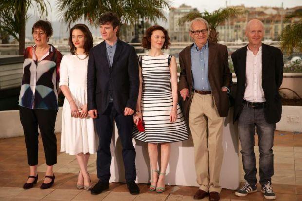 Producer Rebecca O'Brien, actress Aisling Francios, actor Barry Ward, actress Simone Kirby, director Ken Loach and writer Paul Laverty attend the Jimmy's Hall screening at the Cannes Film Festival