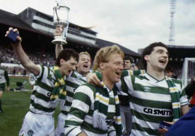 Glasgow Times: Memories: From left, Willie McStay celebrates with  Celtic team-mates Murdo MacLeod, Mo Johnston and brother Paul McStay  after defeating Dundee United to lift  the 1985 Scottish Cup